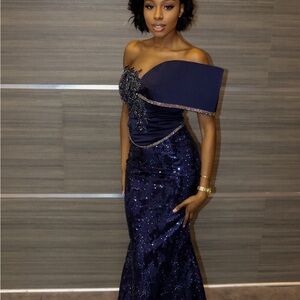 Aso Ebi Elegant Navy Blue Off-Shoulder Dress